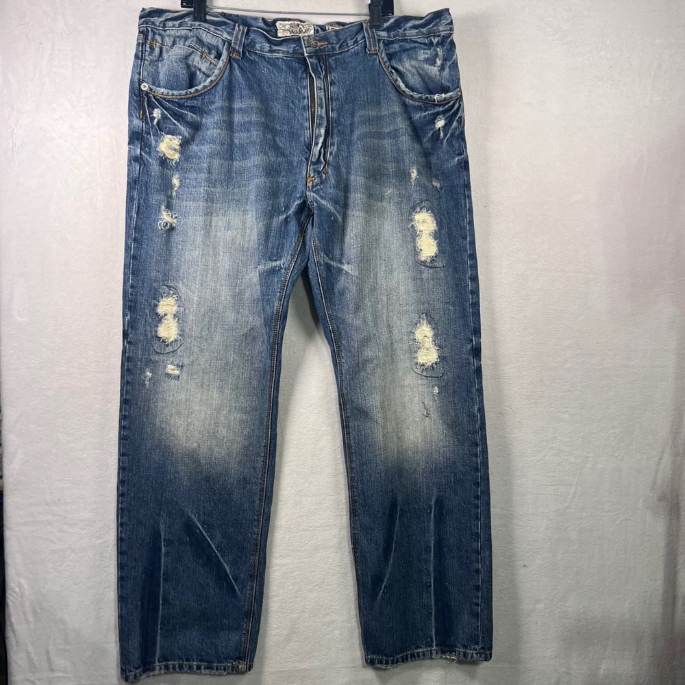 Distressed AKDMKS Medium Wash Straight Leg Jeans Ripped Blue Mens Size 40x33